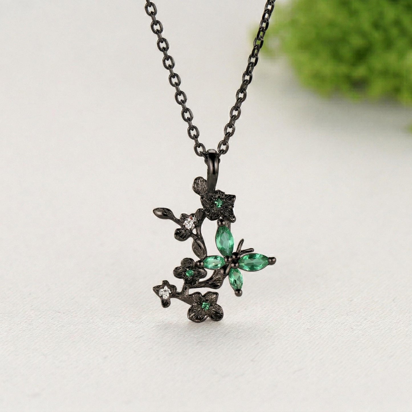 Emerald Green Crystal Butterfly Necklace, Floral Branch Pendant - PENFINE