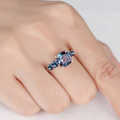 Cushion Cut Alexandrite Engagement Ring, Yellow Gold Five Stone, June Birthstone Promise Ring