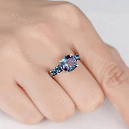 Cushion Cut Alexandrite Engagement Ring, Yellow Gold Five Stone, June Birthstone Promise Ring