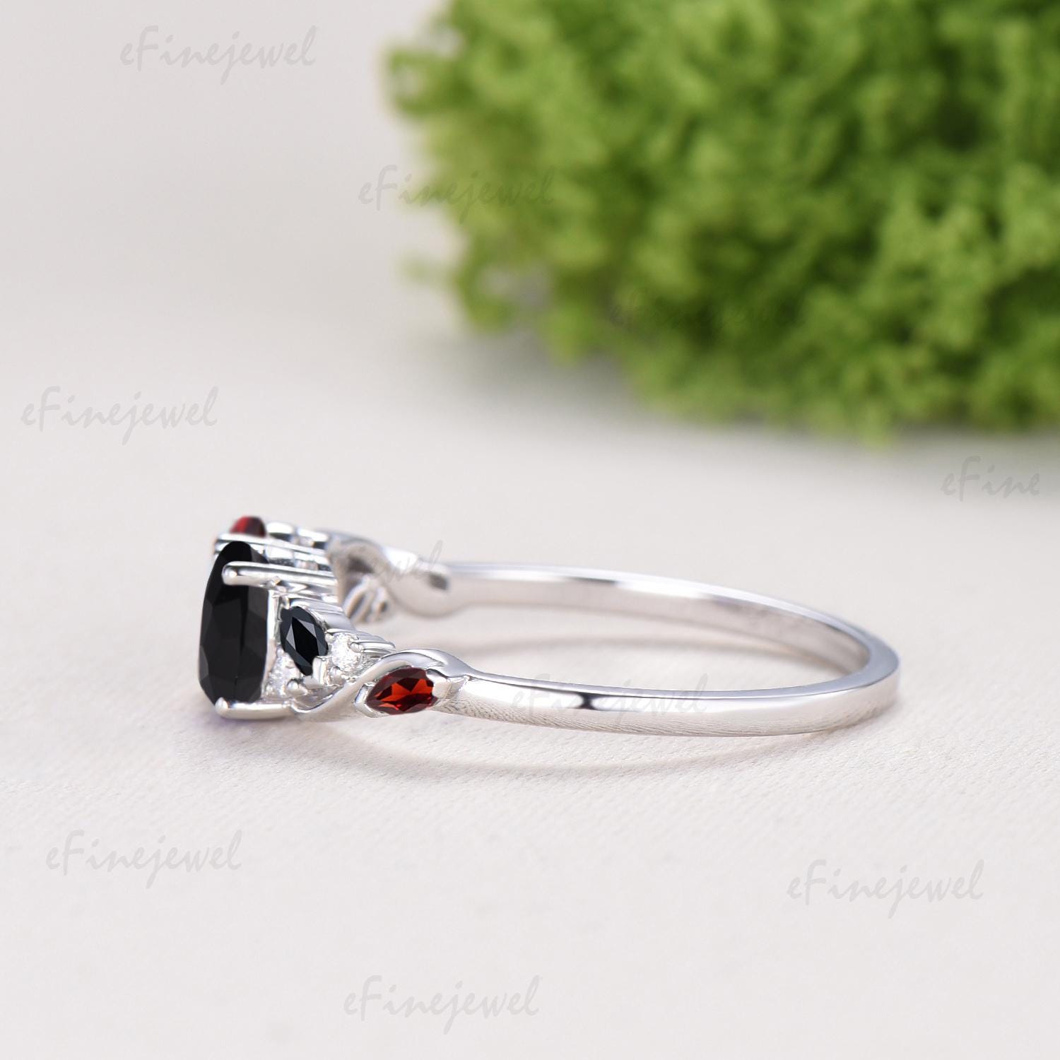 Vintage Oval Cut Garnet Black Onyx Engagement Ring | 14K White Gold Toi et Moi Vine Stacking Band - PENFINE