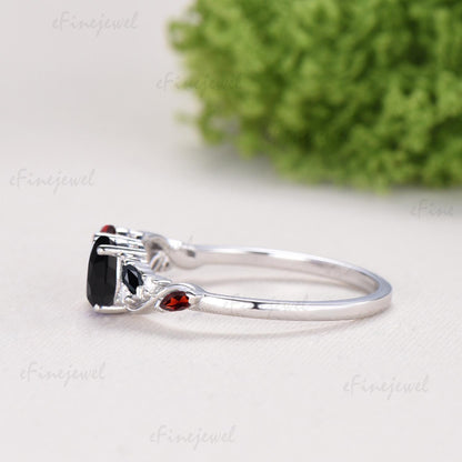 Vintage Oval Cut Garnet Black Onyx Engagement Ring | 14K White Gold Toi et Moi Vine Stacking Band - PENFINE