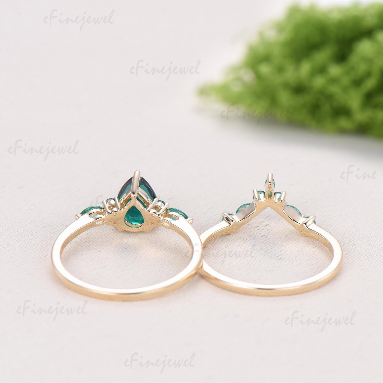1.25 Ct Pear Shaped Natural Moss Agate Engagement Ring Set, Art Deco Marquise Wedding Band, Green Emerald Bridal Set