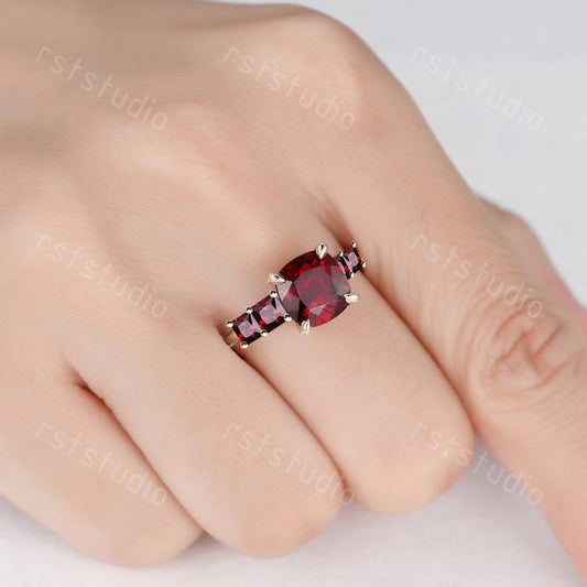 2.5 Carat Cushion Cut Garnet Engagement Vintage Five Stone Wedding Ring, January Birthstone Gift