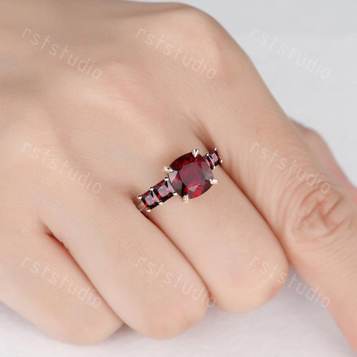 2.5 Carat Cushion Cut Garnet Engagement Vintage Five Stone Wedding Ring, January Birthstone Gift