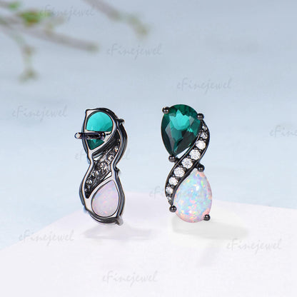 Black Gold Pear Emerald Opal Earrings, Dainty Two Stone Infinity Studs