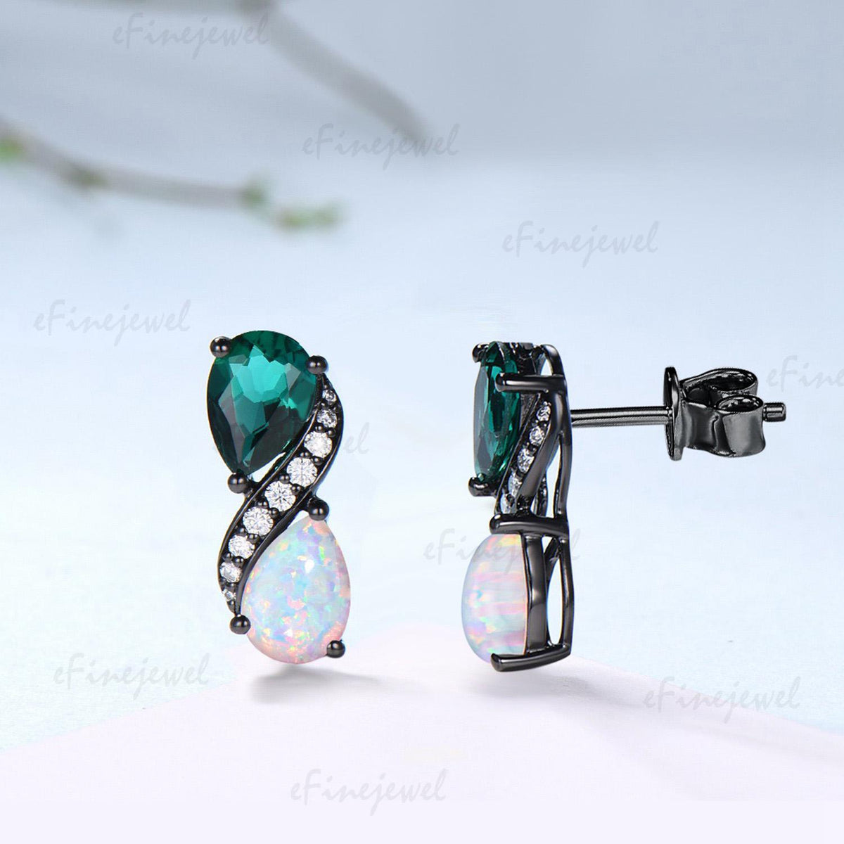 Black Gold Pear Emerald Opal Earrings, Dainty Two Stone Infinity Studs