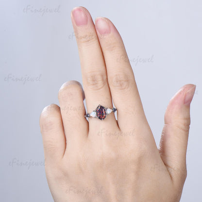 Unique 5X9mm long hexagon black opal engagement ring Five stone triangle white opal kite alexandrite anniversary ring gift for women - PENFINE