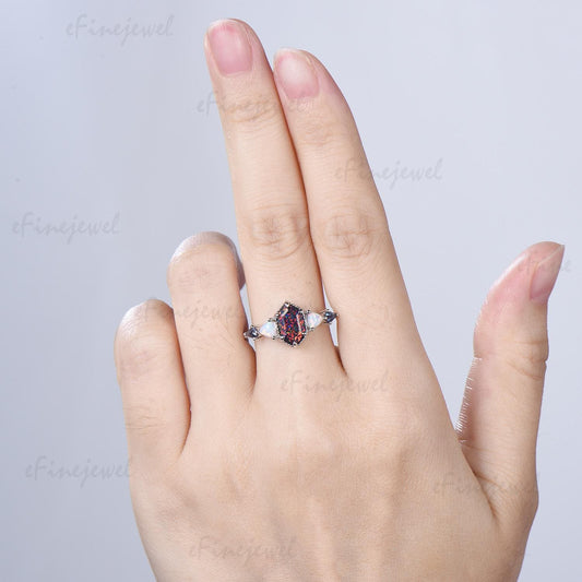 Unique 5X9mm long hexagon black opal engagement ring Five stone triangle white opal kite alexandrite anniversary ring gift for women - PENFINE