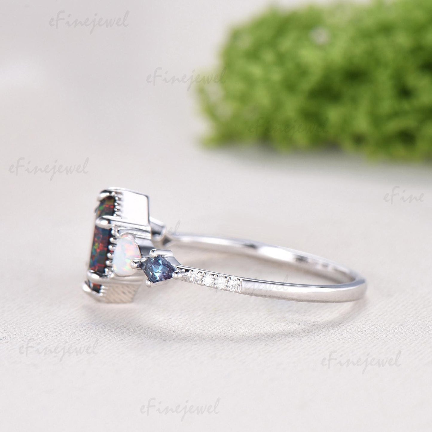 Unique 5X9mm long hexagon black opal engagement ring Five stone triangle white opal kite alexandrite anniversary ring gift for women - PENFINE