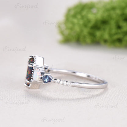 Unique 5X9mm long hexagon black opal engagement ring Five stone triangle white opal kite alexandrite anniversary ring gift for women - PENFINE