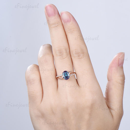 Retro Oval Cut Firework Cut Alexandrite Engagement Ring, 14K Rose Gold Color Change Stone Promise Ring - PENFINE