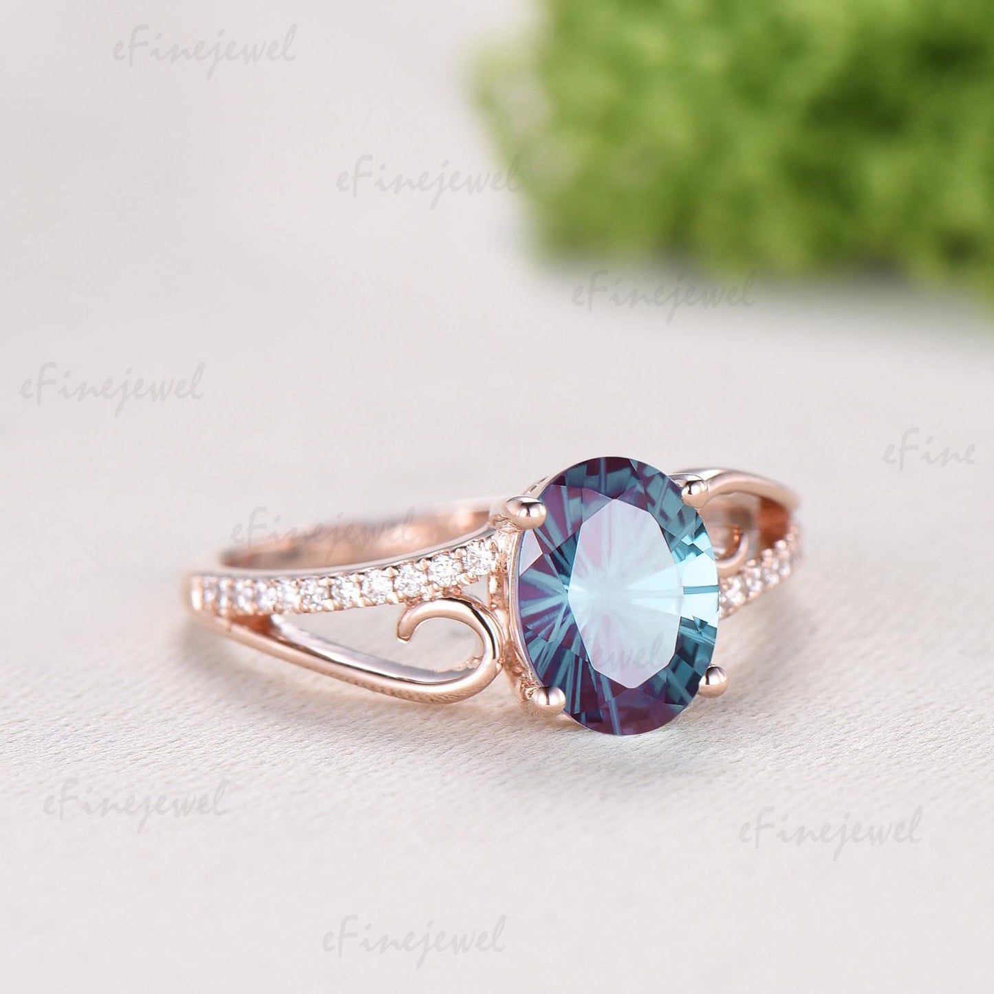 Retro Oval Cut Firework Cut Alexandrite Engagement Ring, 14K Rose Gold Color Change Stone Promise Ring - PENFINE