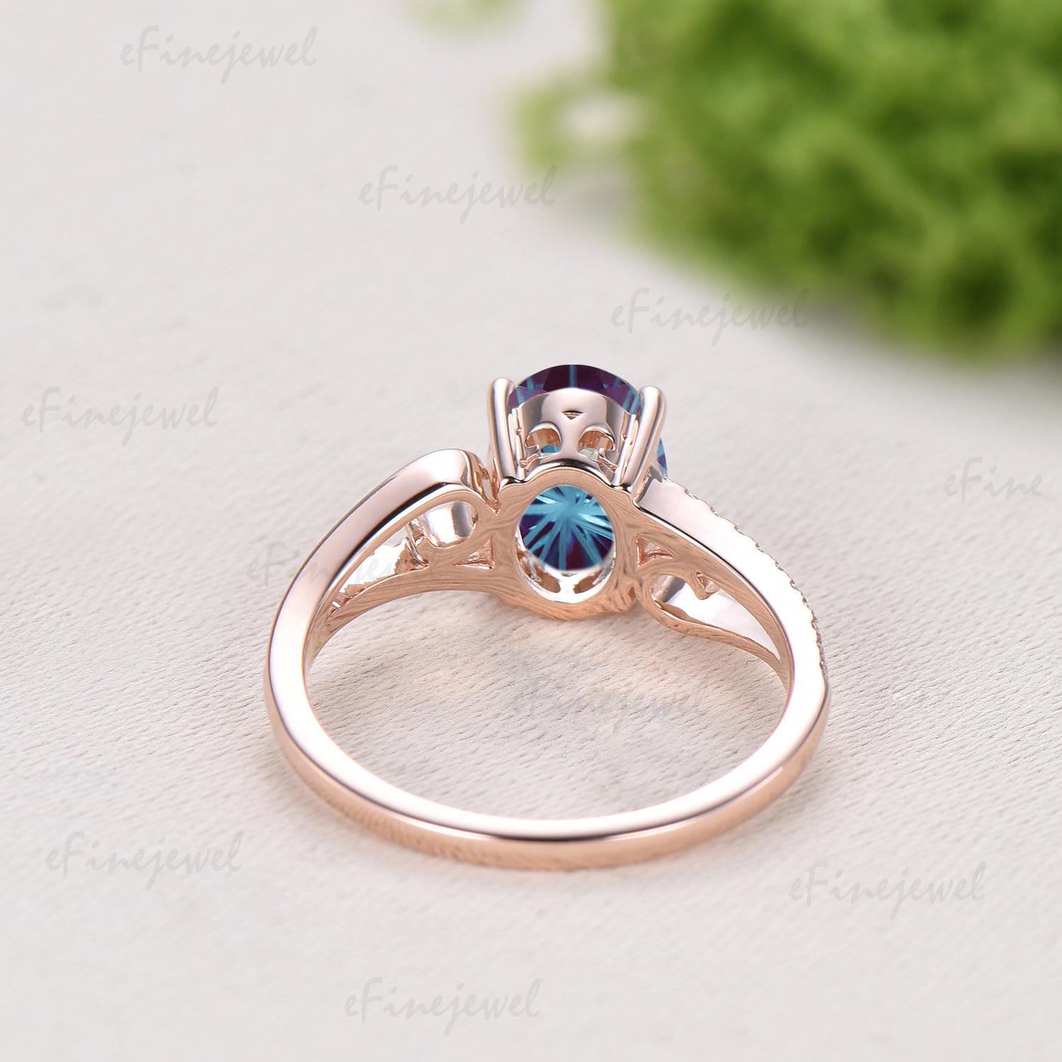Retro Oval Cut Firework Cut Alexandrite Engagement Ring, 14K Rose Gold Color Change Stone Promise Ring - PENFINE