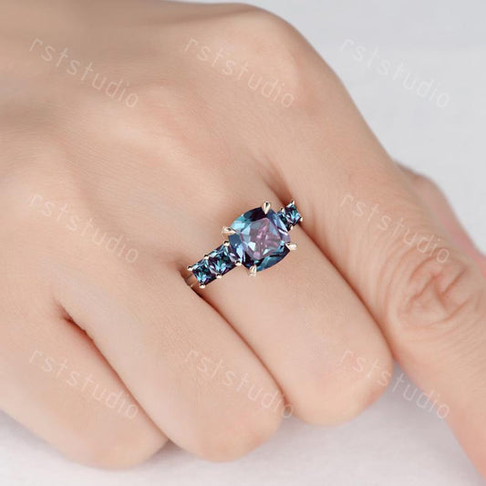 Cushion Cut Alexandrite Engagement Ring, Yellow Gold Five Stone, June Birthstone Promise Ring