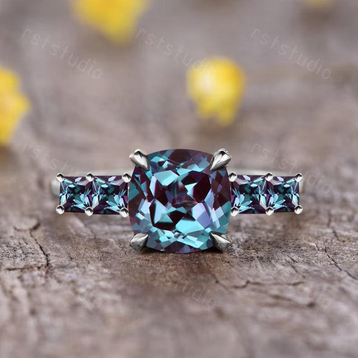 Cushion Cut Alexandrite Engagement Ring, Yellow Gold Five Stone, June Birthstone Promise Ring