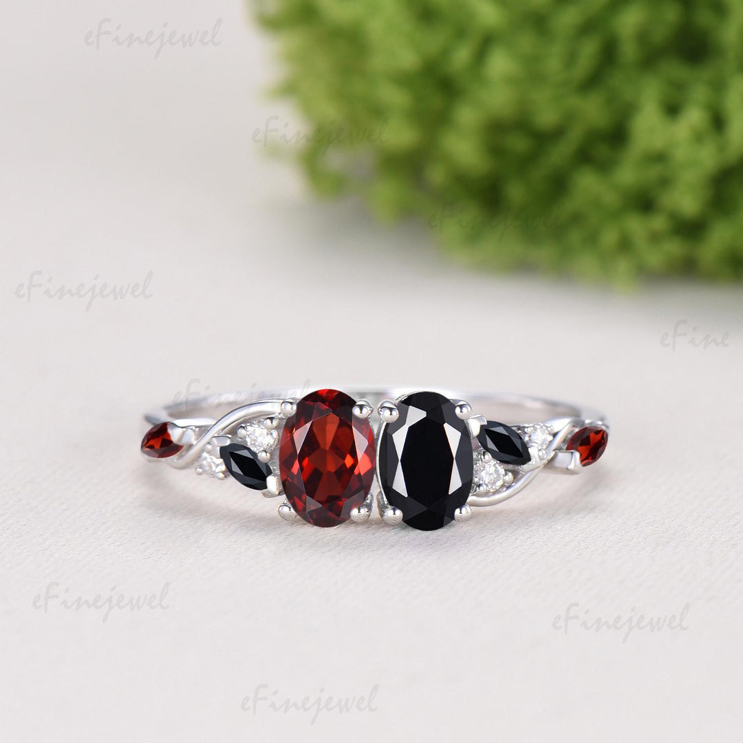 Vintage Oval Cut Garnet Black Onyx Engagement Ring | 14K White Gold Toi et Moi Vine Stacking Band - PENFINE