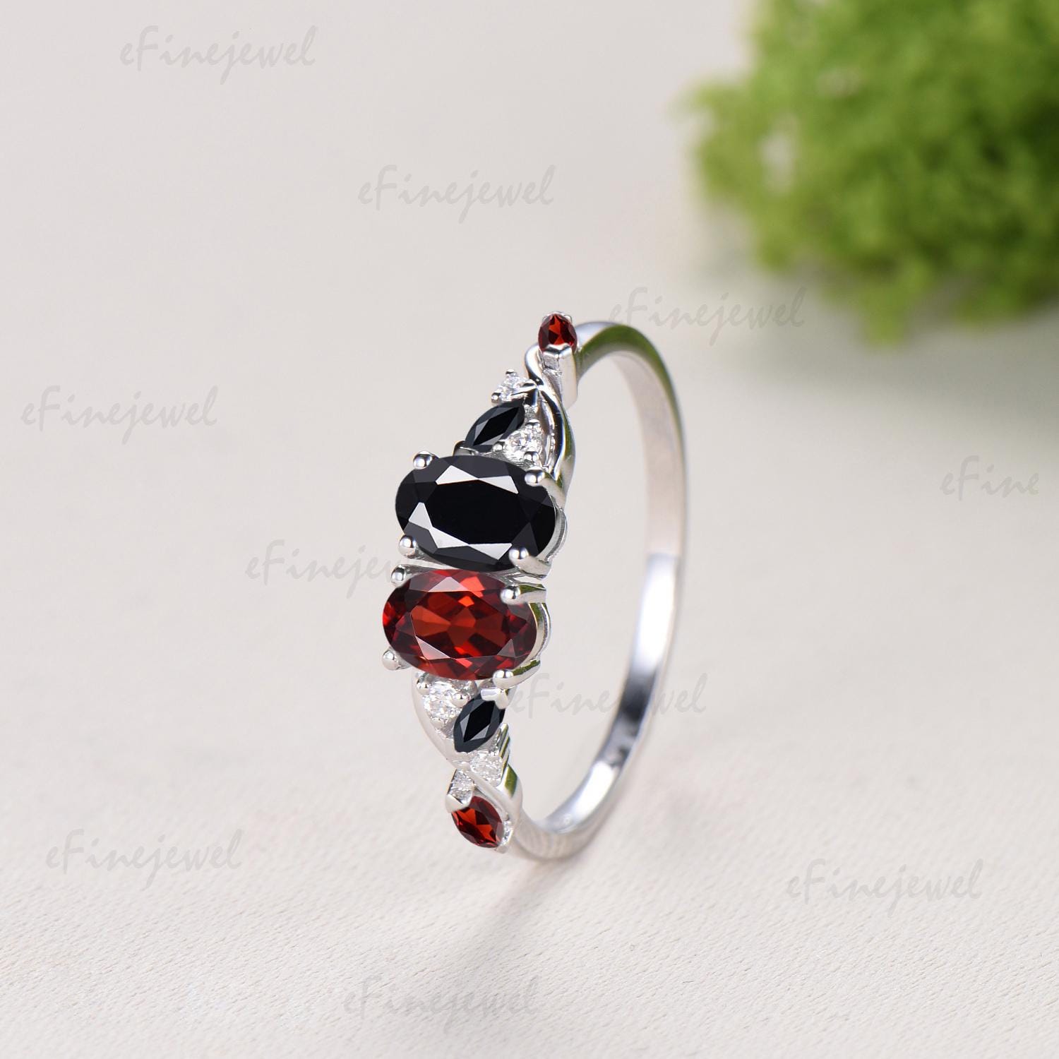 Vintage Oval Cut Garnet Black Onyx Engagement Ring | 14K White Gold Toi et Moi Vine Stacking Band - PENFINE
