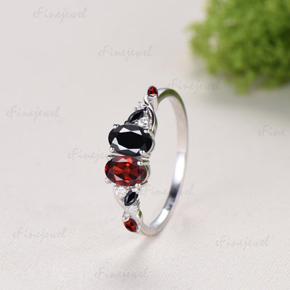 Vintage Oval Cut Garnet Black Onyx Engagement Ring | 14K White Gold Toi et Moi Vine Stacking Band - PENFINE