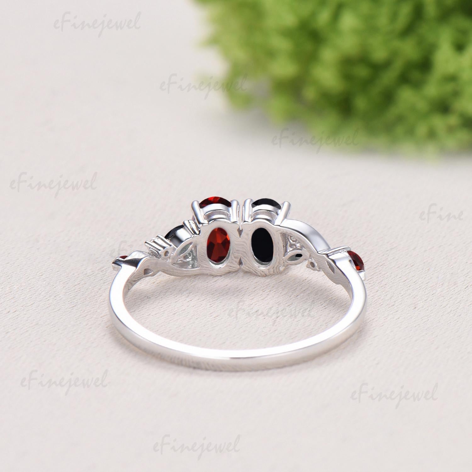 Vintage Oval Cut Garnet Black Onyx Engagement Ring | 14K White Gold Toi et Moi Vine Stacking Band - PENFINE