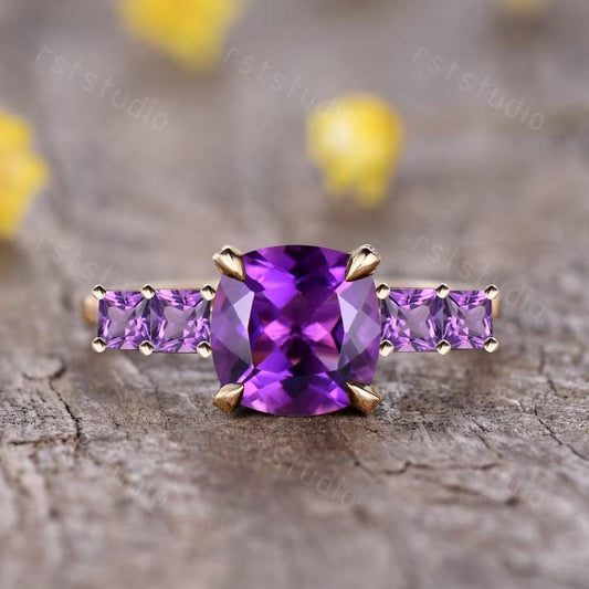 14k Yellow Gold Cushion Amethyst Five Stone Ring, Vintage Princess Wedding Band