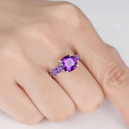 14k Yellow Gold Cushion Amethyst Five Stone Ring, Vintage Princess Wedding Band