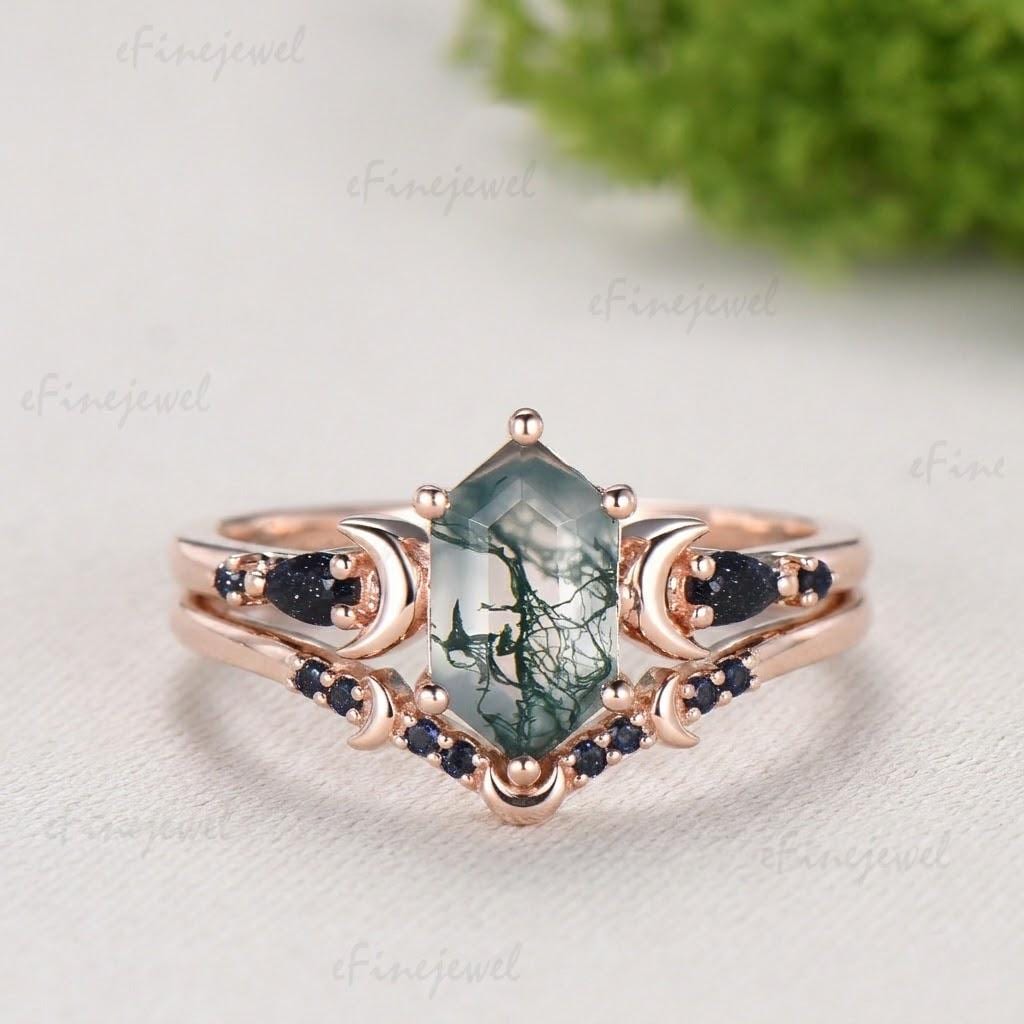Long Hexagon Moss Agate Engagement Ring, Crescent Moon Blue Sandstone Band, Celestial Jewelry, Unique 14K Rose Gold Wedding Ring Set - PENFINE