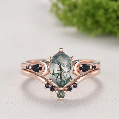 Long Hexagon Moss Agate Engagement Ring, Crescent Moon Blue Sandstone Band, Celestial Jewelry, Unique 14K Rose Gold Wedding Ring Set - PENFINE