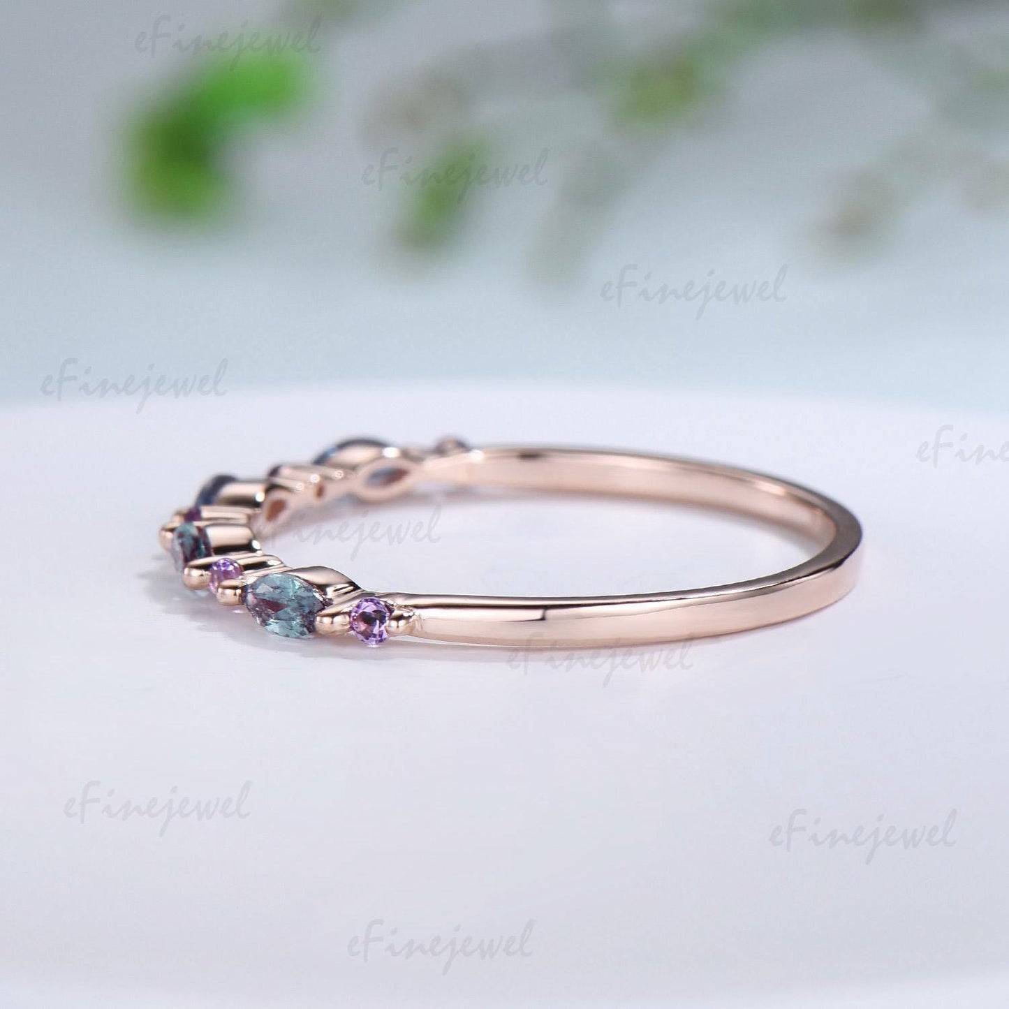 Rose Gold Alexandrite Amethyst Stacking Ring â€?Art Deco Anniversary Band