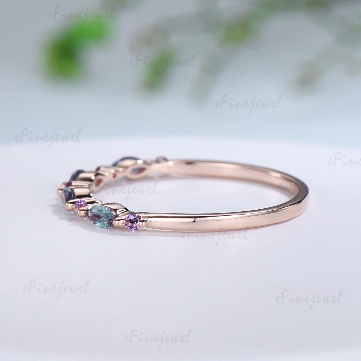Rose Gold Alexandrite Amethyst Stacking Ring â€?Art Deco Anniversary Band