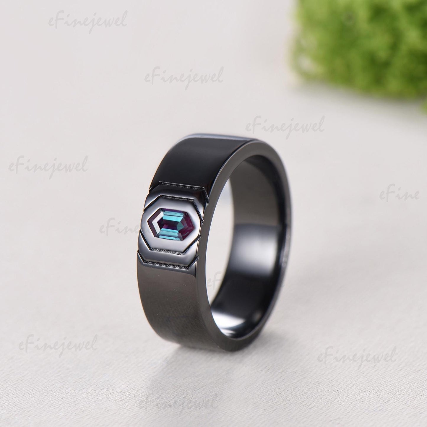 Gothic Black Gold Wedding Ring Set, Kite Moss Agate Engagement Ring, Hexagon Alexandrite Band