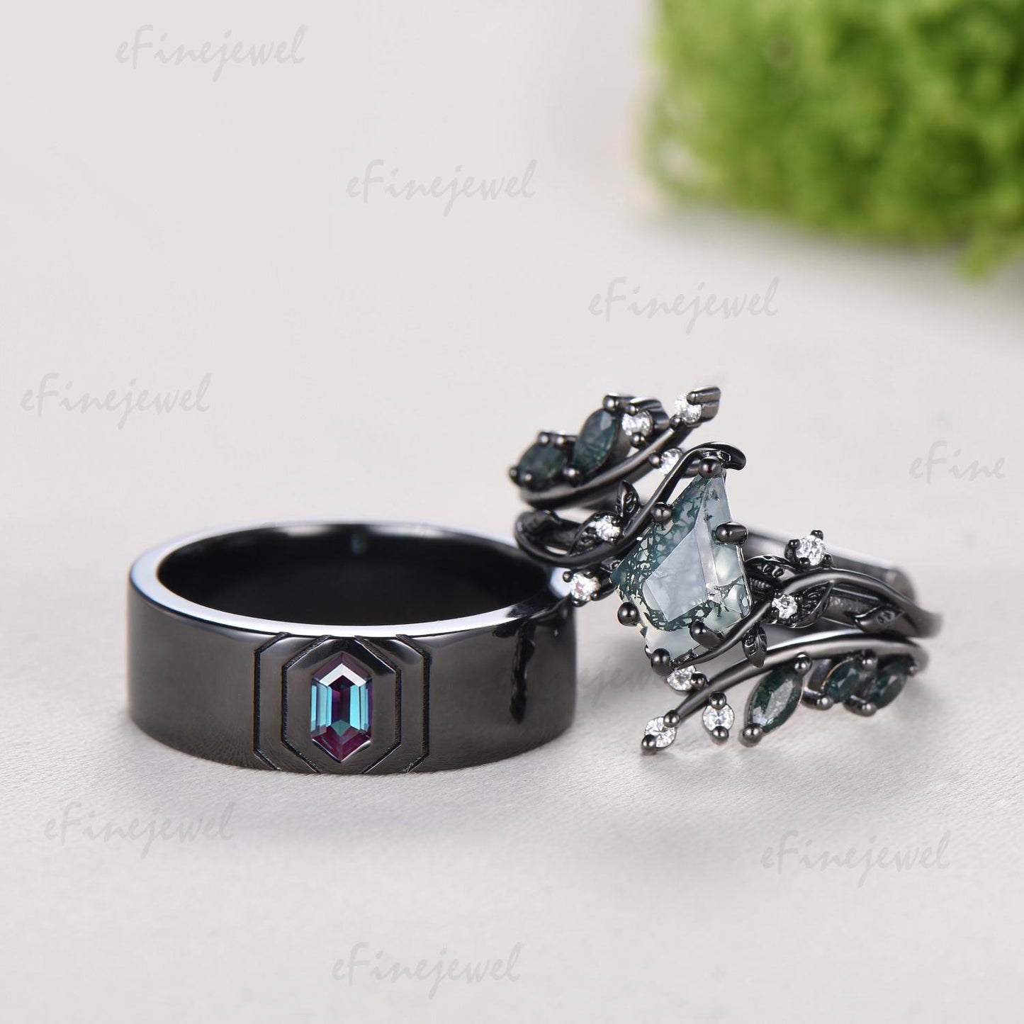 Gothic Black Gold Wedding Ring Set, Kite Moss Agate Engagement Ring, Hexagon Alexandrite Band