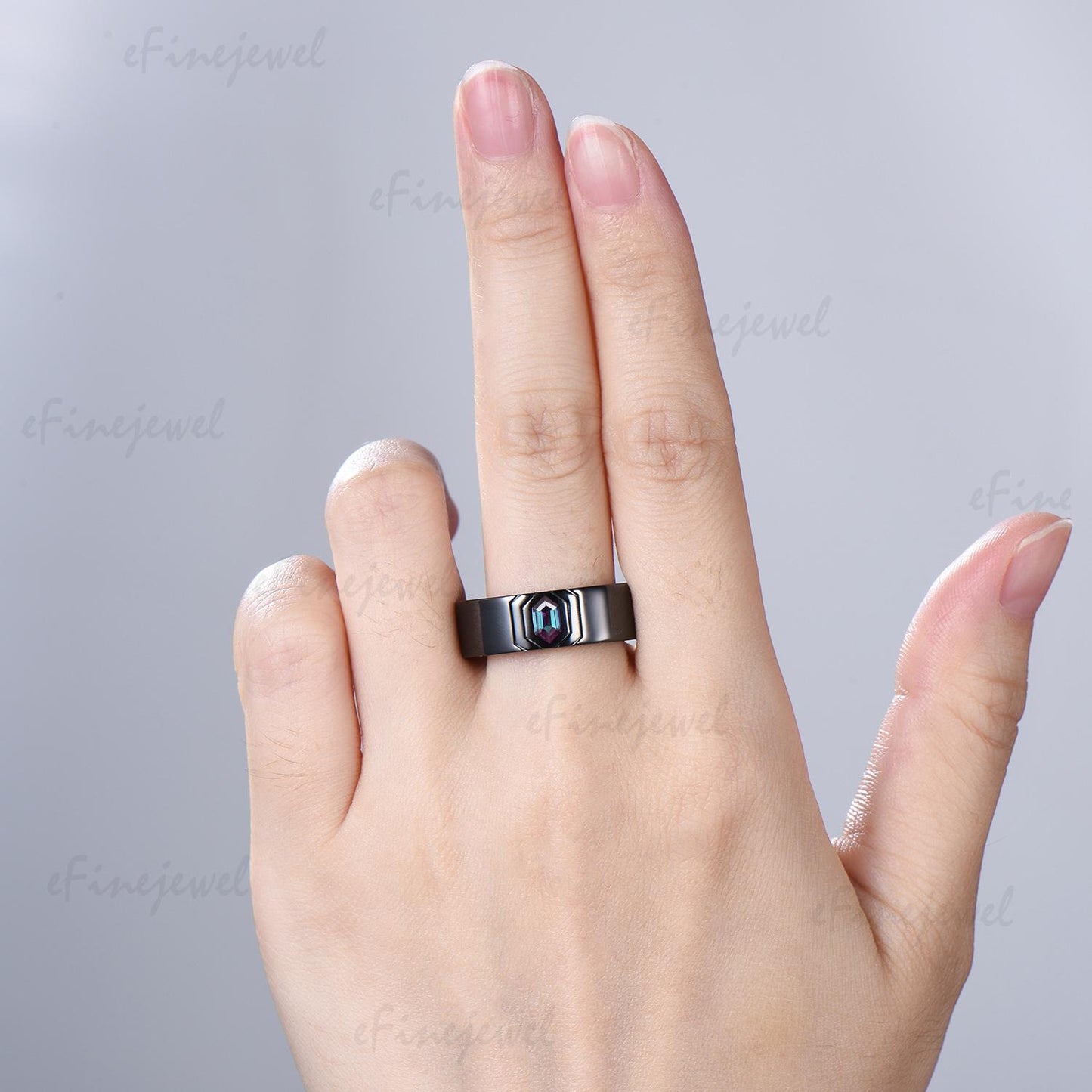 Gothic Black Gold Wedding Ring Set, Kite Moss Agate Engagement Ring, Hexagon Alexandrite Band