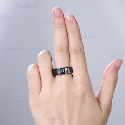 Gothic Black Gold Wedding Ring Set, Kite Moss Agate Engagement Ring, Hexagon Alexandrite Band