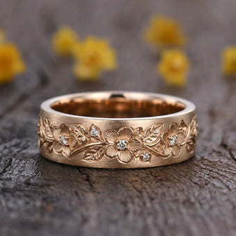 14k Solid Gold Flower Ring: Nature Inspired Mens Wedding Band, Matt Finish