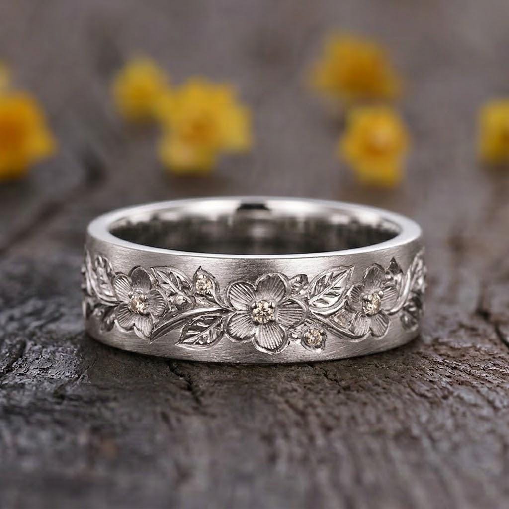 14k Solid Gold Flower Ring: Nature Inspired Mens Wedding Band, Matt Finish