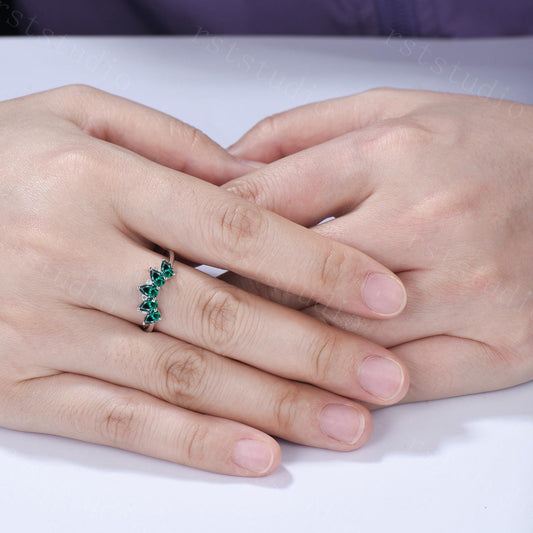 Tear Drop Emerald Wedding Ring, Five Stone Curved Matching Band, May Birthday Gift for Mom