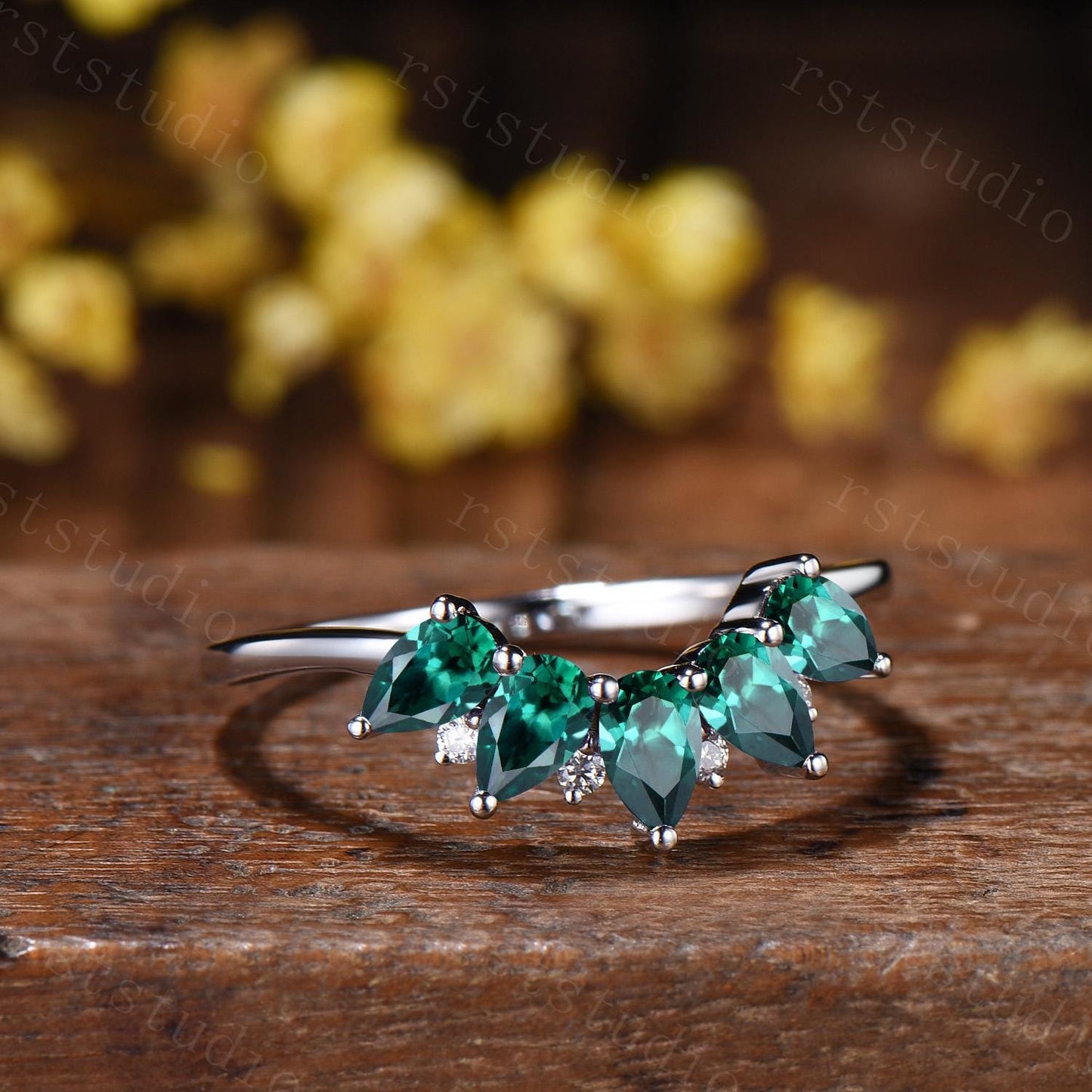 Tear Drop Emerald Wedding Ring, Five Stone Curved Matching Band, May Birthday Gift for Mom