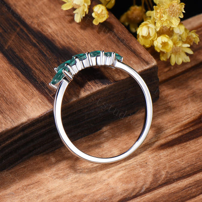 Tear Drop Emerald Wedding Ring, Five Stone Curved Matching Band, May Birthday Gift for Mom