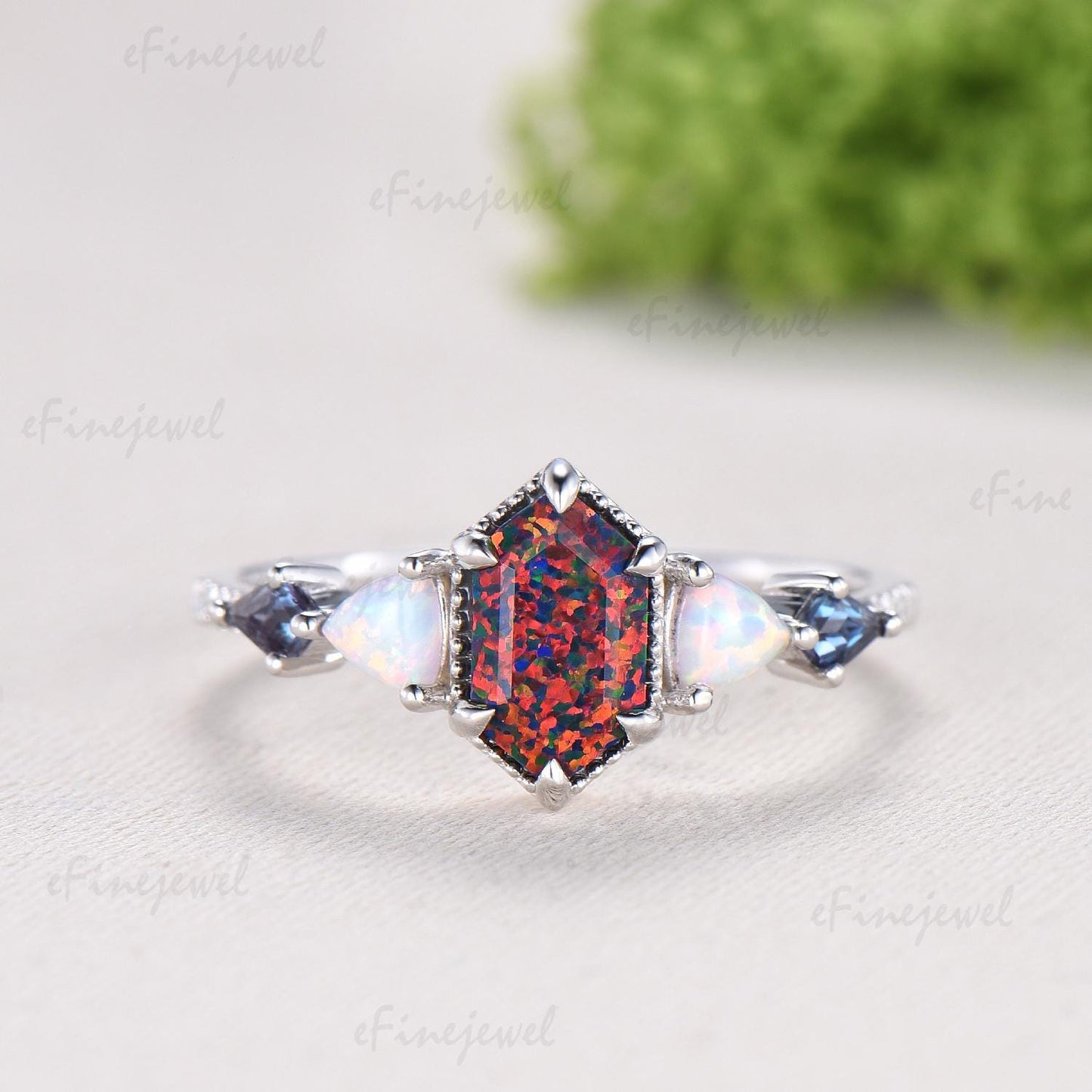 Unique 5X9mm long hexagon black opal engagement ring Five stone triangle white opal kite alexandrite anniversary ring gift for women - PENFINE