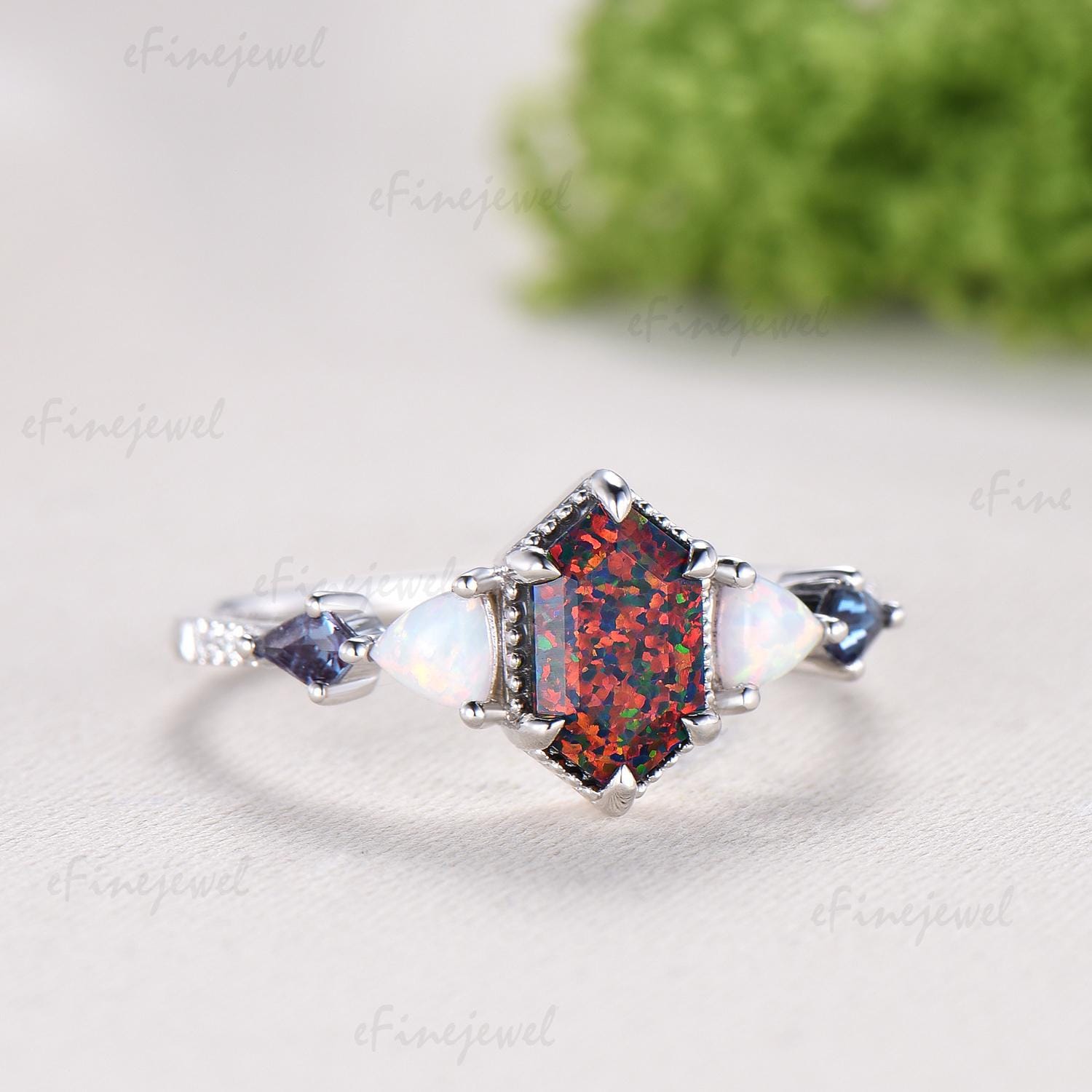 Unique 5X9mm long hexagon black opal engagement ring Five stone triangle white opal kite alexandrite anniversary ring gift for women - PENFINE