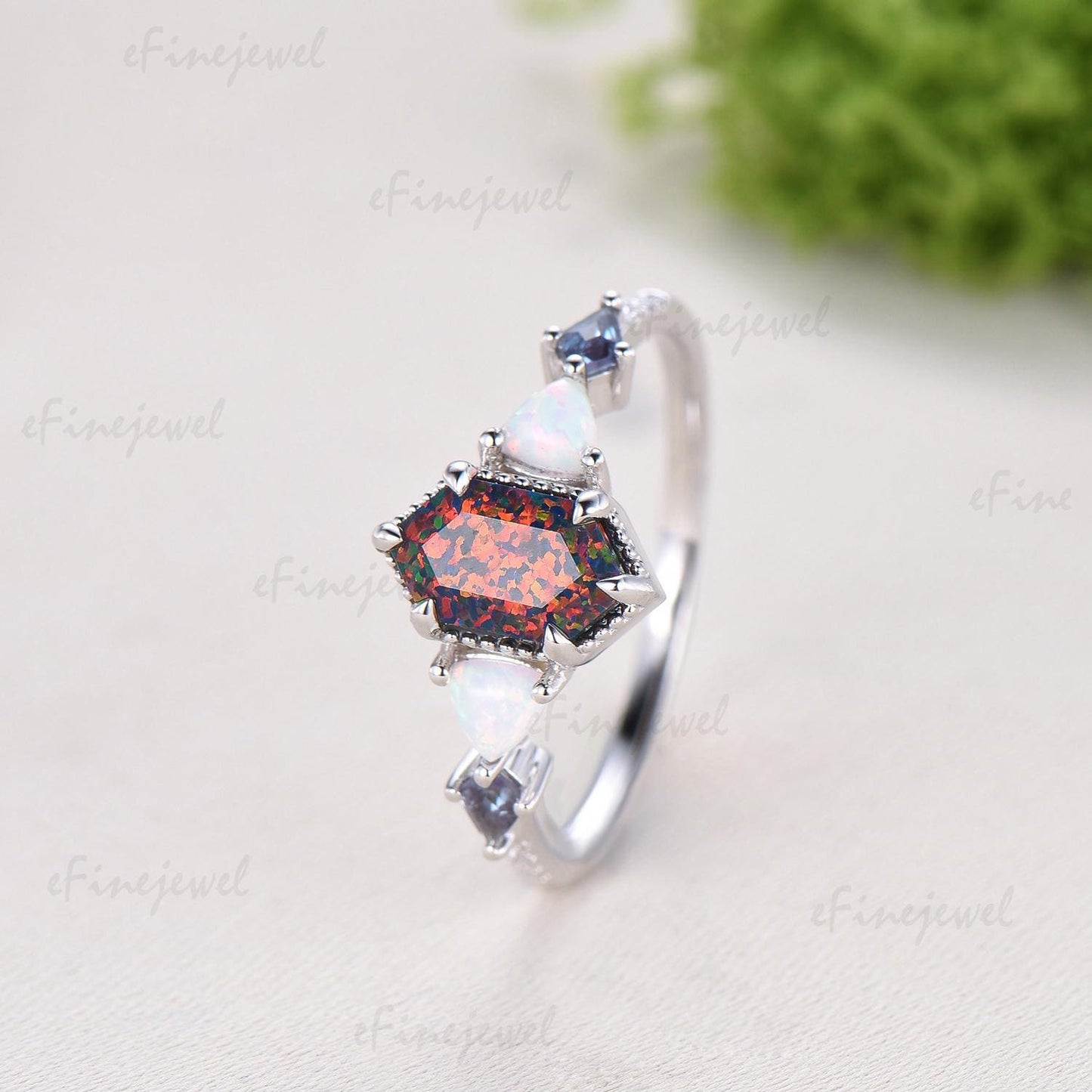 Unique 5X9mm long hexagon black opal engagement ring Five stone triangle white opal kite alexandrite anniversary ring gift for women - PENFINE