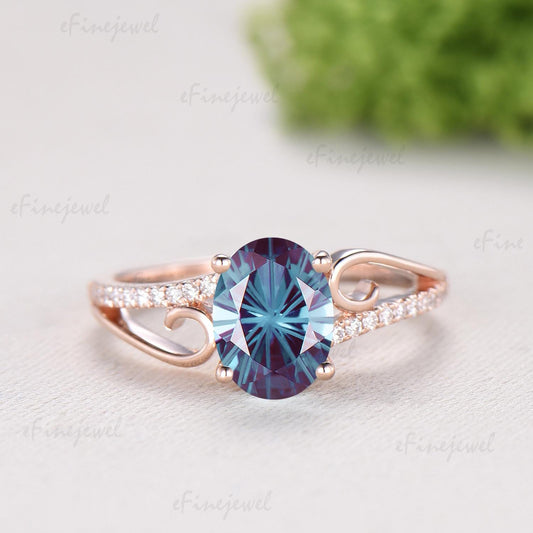 Retro Oval Cut Firework Cut Alexandrite Engagement Ring, 14K Rose Gold Color Change Stone Promise Ring - PENFINE