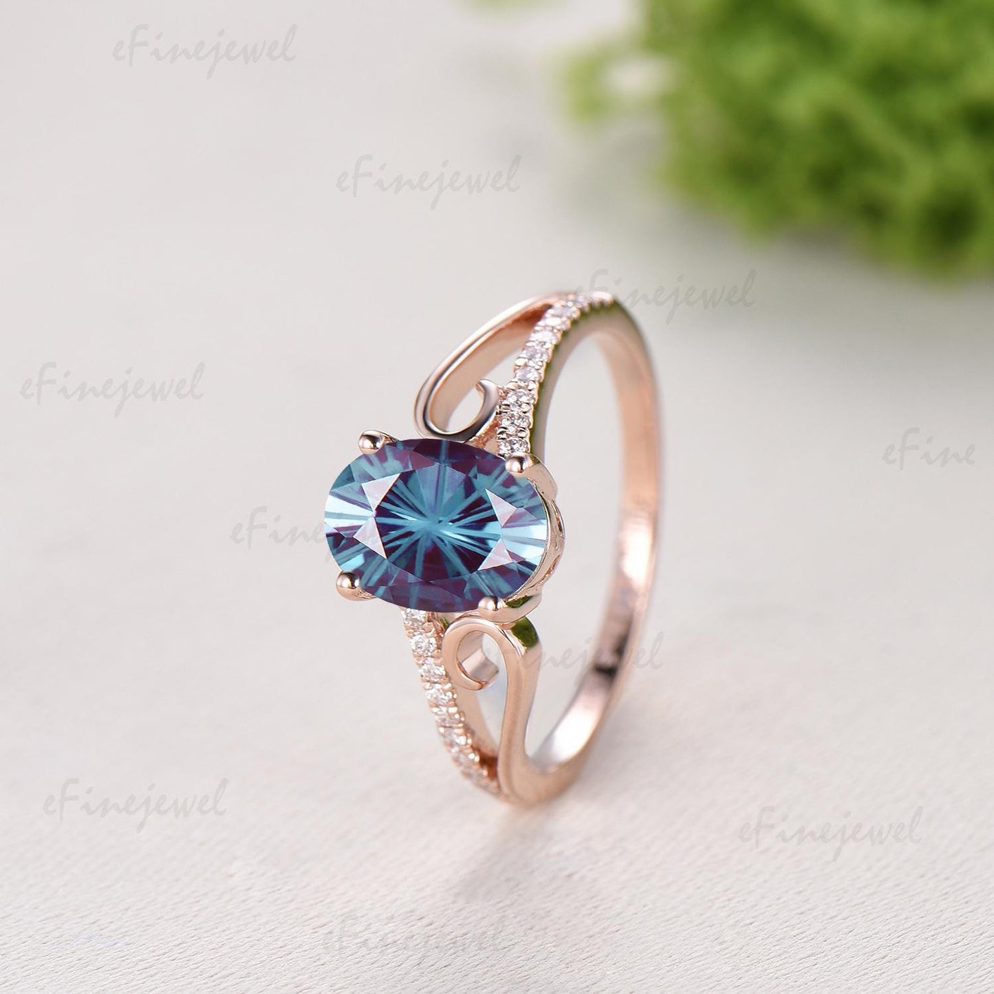 Retro Oval Cut Firework Cut Alexandrite Engagement Ring, 14K Rose Gold Color Change Stone Promise Ring - PENFINE