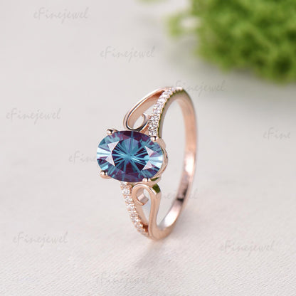 Retro Oval Cut Firework Cut Alexandrite Engagement Ring, 14K Rose Gold Color Change Stone Promise Ring - PENFINE