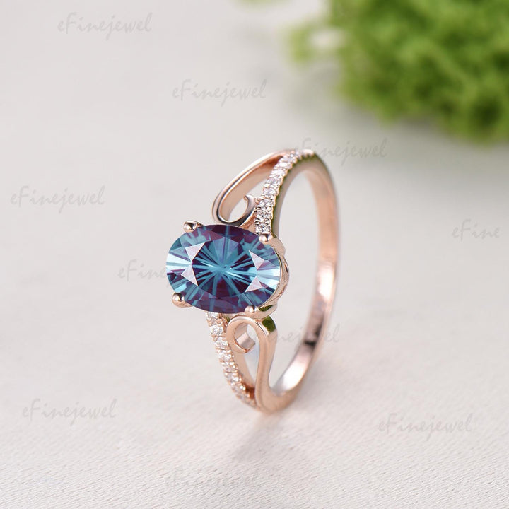 Retro Oval Cut Firework Cut Alexandrite Engagement Ring, 14K Rose Gold Color Change Stone Promise Ring - PENFINE