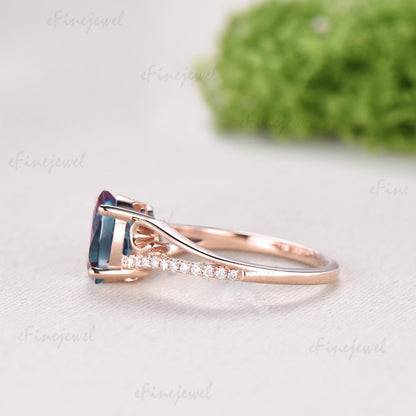 Retro Oval Cut Firework Cut Alexandrite Engagement Ring, 14K Rose Gold Color Change Stone Promise Ring - PENFINE