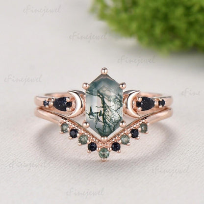 Long Hexagon Moss Agate Engagement Ring, Crescent Moon Blue Sandstone Band, Celestial Jewelry, Unique 14K Rose Gold Wedding Ring Set - PENFINE