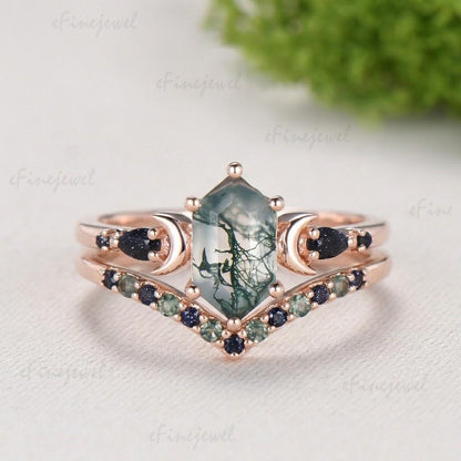 Long Hexagon Moss Agate Engagement Ring, Crescent Moon Blue Sandstone Band, Celestial Jewelry, Unique 14K Rose Gold Wedding Ring Set - PENFINE