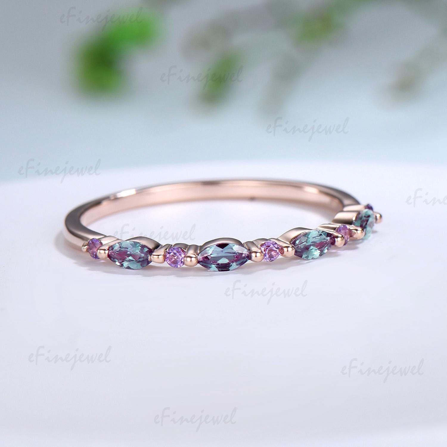 Rose Gold Alexandrite Amethyst Stacking Ring â€?Art Deco Anniversary Band