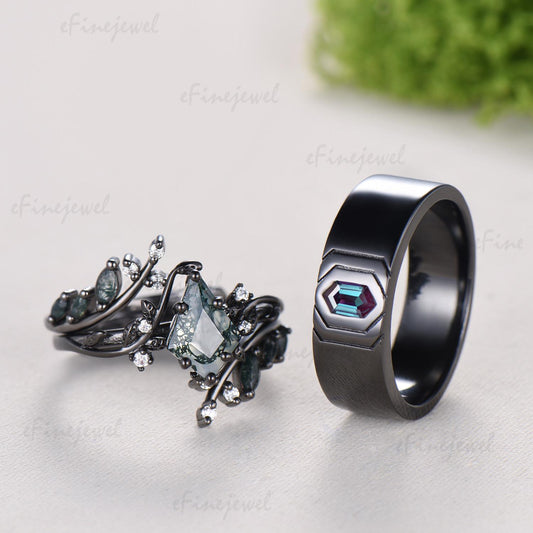Gothic Black Gold Wedding Ring Set, Kite Moss Agate Engagement Ring, Hexagon Alexandrite Band